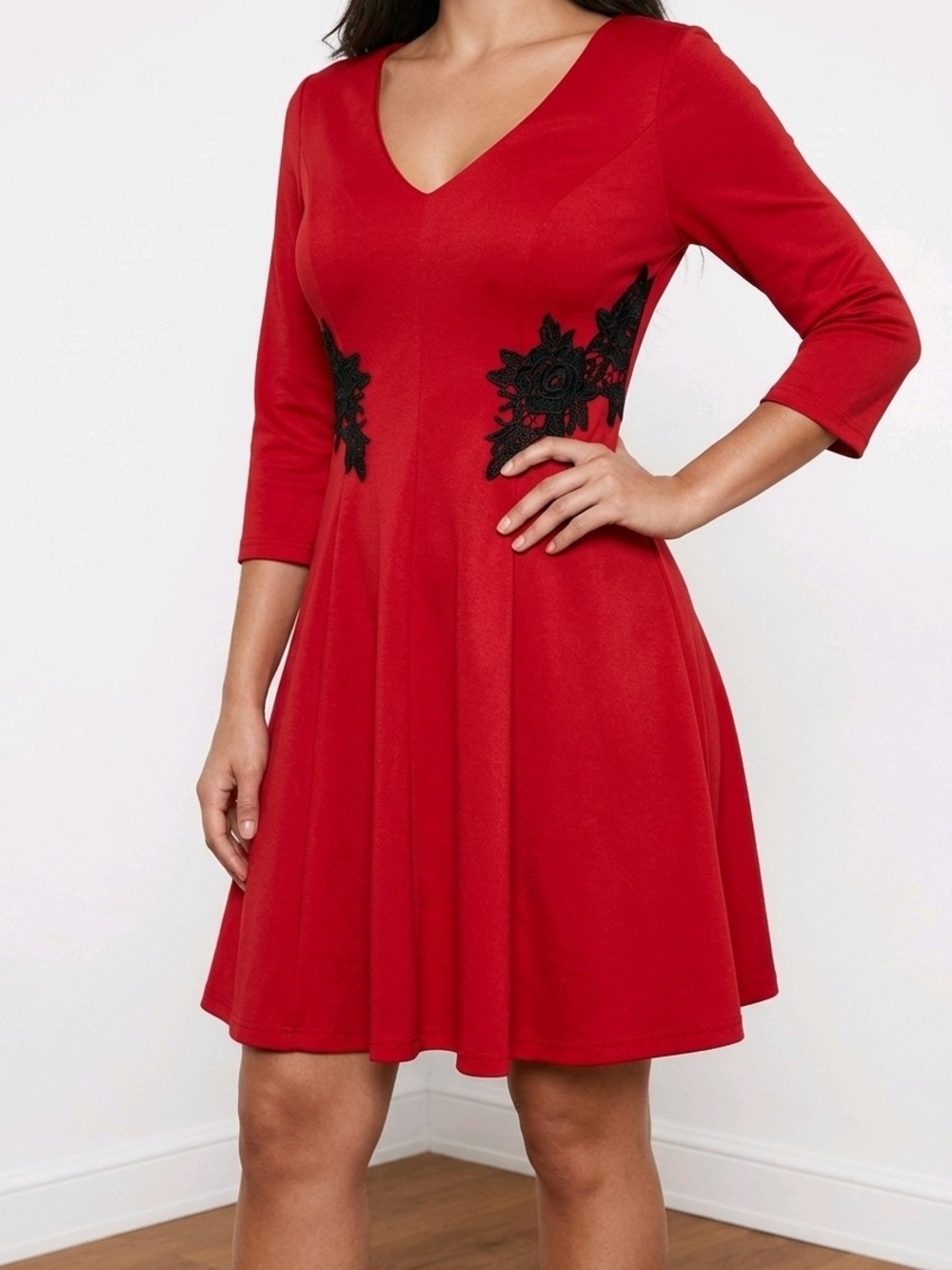 NWT London Times Red Dress with Black Lace Applique Detail ~sz 10